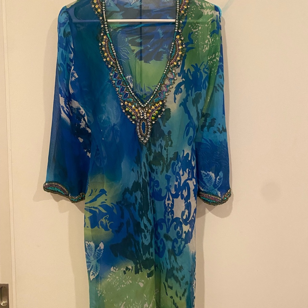 Sheer Tunic Embellished Blue and Green Kaftan Blouse excellent small